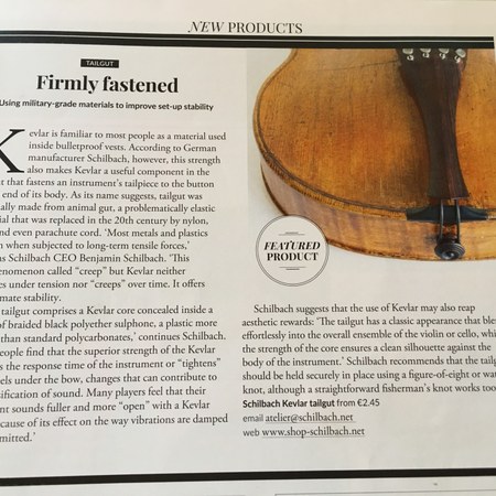 STRAD VOL.129 NO.1542 Oct. 2018 in the section "New Products" about our SCHILBACH and our cevlar tail guts.